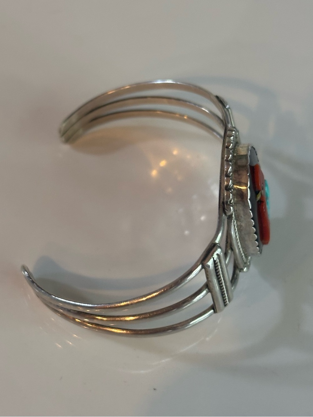 Vintage Zuni Sterling Silver Inlay Cardinal Cuff Bracelet Signed KC NM Turquoise - Picture 5 of 12